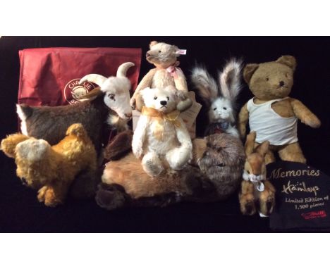 A COLLECTION 20TH CENTURY STIEFF TEDDY BEARS To include a pink fur bear with long nose and elongated arms with a pink bow, re