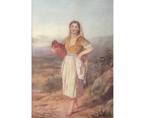 JAMES DRUMMOND, 1816 - 1877, A LATE 19TH CENTURY WATERCOLOUR Full length portrait of a maiden carrying a terracotta water jug