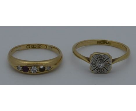 18ct Gold diamond & ruby set ring (1 ruby stone missing) + 18ct gold/platinum ring  40-60