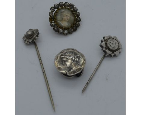 2 Tie pins, silver stud & portrait button  10-20