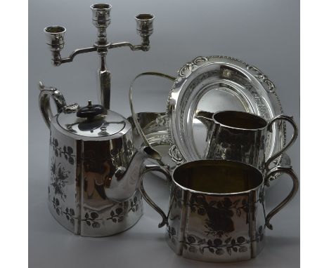 Plated 3 piece tea service, candelabra + 2 baskets (6)  10-20