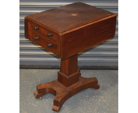 Victorian mahogany pedestal work table with 2 drawers & 2 drop flaps  80-120