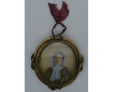 Large Victorian hair locket remembrance locket brooch with watercolour portrait of a Lady  40-50