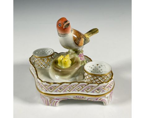 A beautifully handcrafted and painted base designed for two inkwells, adorned with a depiction of a bird and her nest of babi