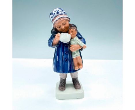 Blue version figurine of a girl in her waistcoat feeding her doll a sip from her mug. DJ Copenhagen backstamp. Issued: 20th C