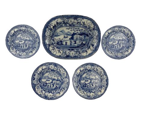 Early 19th century blue and white transfer printed oval platter and set of four plates decorated in the Gardener pattern, pla