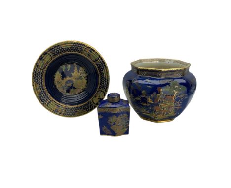 Carlton Ware large Mikado pattern jardiniere, H22cm, Carlton Ware tea caddy and similarly decorated New Hall Boumier ware bow