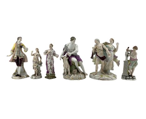 Group of 19th century continental porcelain figures, including KMP Berlin figure of Bacchus, H20.5cm, Rudolstadt Volkstedt al