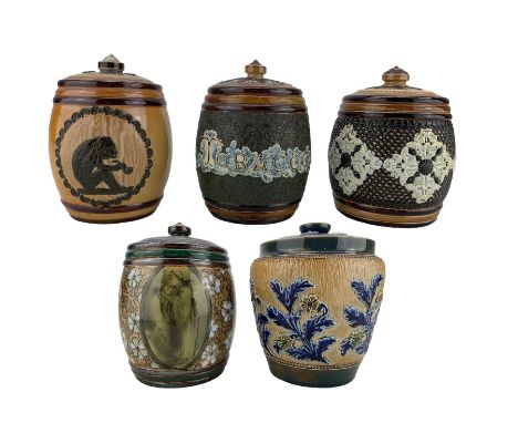 Doulton Lambeth stoneware tobacco jar and cover decorated with a monkey smoking a pipe and inscribed 'Tobacco', another by Et