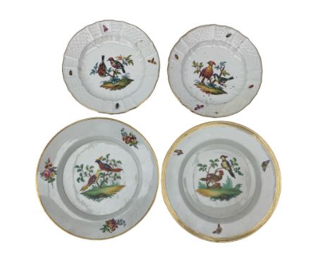 Four 19th century bird decorated porcelain plates, including pair of Dresden side plates, with basket weave borders, undergla