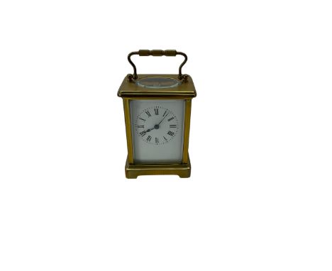 French - early 19th century 8-day carriage clock in a corniche case, with bevelled glass panels and carrying handle, enamel d