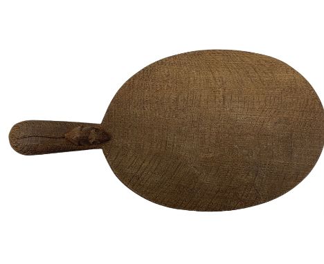 Mouseman - adzed oak cheeseboard, oval form with projecting handle carved with mouse signature, by the workshop of Robert Tho