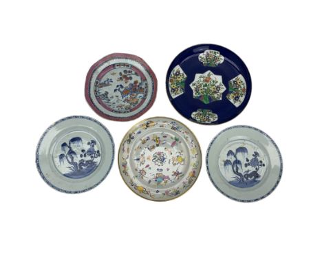 Group of Chinese porcelain plates, including hundred treasures plate, D25cm, two blue and white dishes decorated will willow 