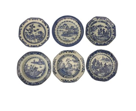 Group of Chinese blue and white export porcelain soup dishes and plates, four decorated with Willow pattern motifs and two ot