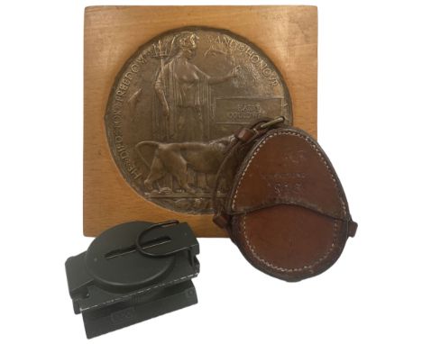 WWI bronze death plaque for Harry Couldwell in wooden frame, Verners pattern military prismatic compass Mark V, 1907 in leath