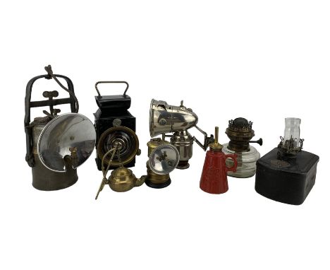 Midland Railway Co oil lamp, carbide lamp by Crestella, The Premier Lamp & Engineering Co Ltd., Clayrite car lamp, chromium p