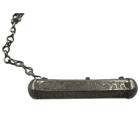 Middle Eastern silvered metal amulet holder, probably 18th century Iranian, of hexagonal cylindrical form with incised decora