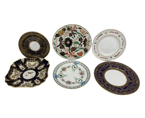 Attributed to David Bates Royal Worcester, porcelain plate, finely painted with floral spays and flying insects within a blue