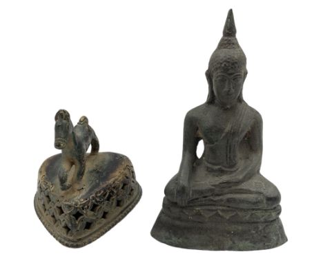 South Asia Indus Valley bell with a horse shape handle above a heart shape base H8cm and a bronze seated Buddha H13cm (2)