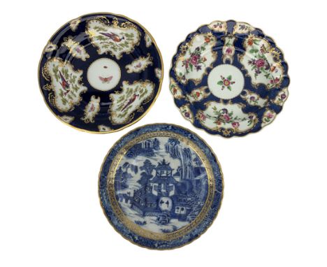 Two First Period Worcester blue scale dishes, the first decorated with birds and insects in reserves, fretted square mark, D2