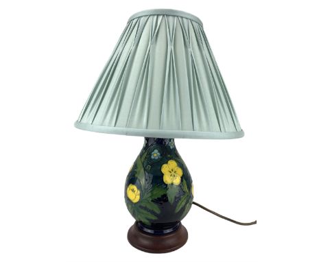 Moorcroft Buttercup pattern table lamp with pleated shade on wooden base H21cm excluding fittings