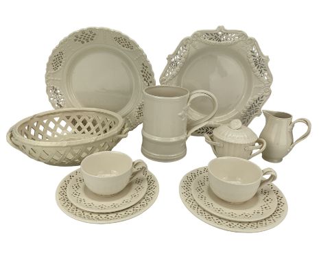 Leeds Classical Creamware comprising two serving dishes, twin-handled preserve jar and cover, tankard, jug and two plates, to