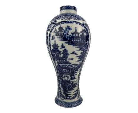 Attributed to Caughley, blue and white vase, circa 1770, slender baluster form, blue transfer printed with pagoda pattern dec