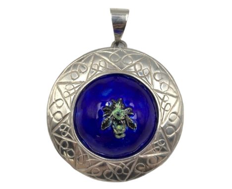 Modern silver pendant, of circular form with enamel insect plaque, within an engraved silver border, hallmarked Jon Braganza,