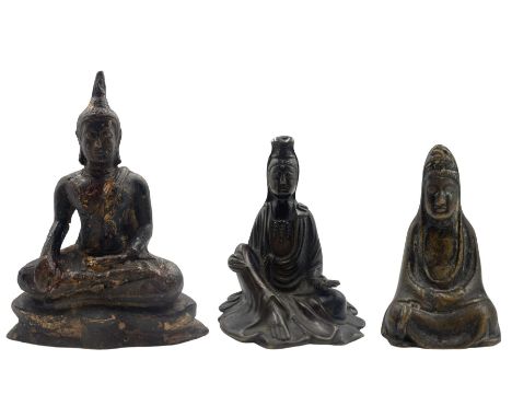 Patinated bronze figure of Gunayin, H7cm, another bronze deity and a Tibetal partially gilded bronze Buddha (3)