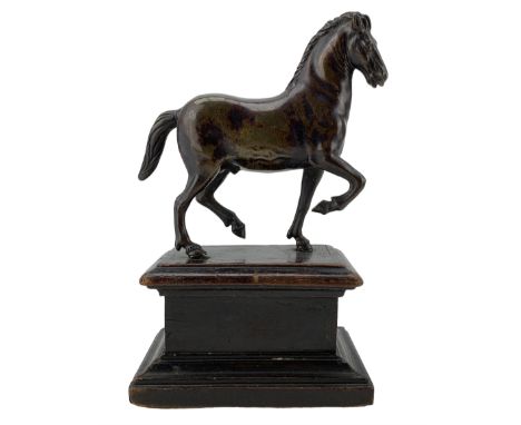 Early 20th century bronze figure of a trotting horse on wooden plinth 18cm x 11cm