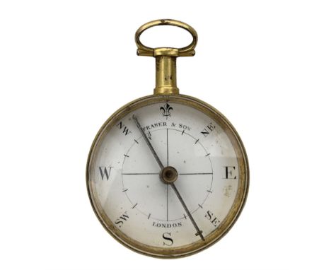 George III magnetic pocket compass by Fraser & Son, with white enamel dial D4cm, in red morocco leather case