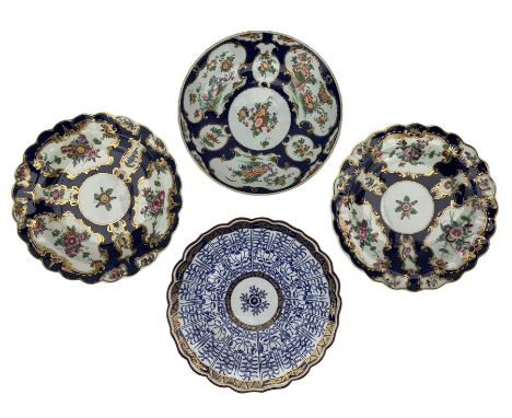 Group of First Period Worcester, including a blue scale dish with kakiemon floral reserves, fretted square mark, D18cm, two b