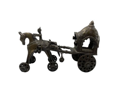 19th century Indian bronze temple toy in the form of a wheeled horse and carriage with rider L27cm