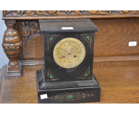 A 19th century French mantel clock, marble case inlaid with malachite