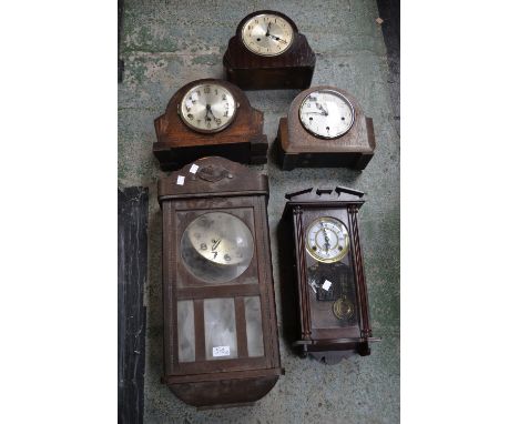 An oak mantel clock, Westminster chime; others, similar; an oak wall clock; another (5)