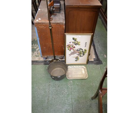 A brass jam pan; a brass standard lamp; an embroidered Chinese panel; a silver plated tray (4)