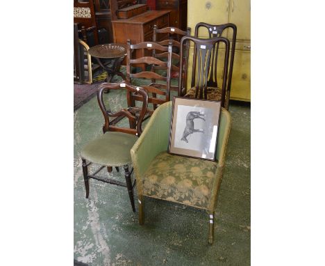 A Lloyd Loom style tub chair; two Ercol ladderback dining chairs; two Queen Anne style dining chairs; a Victorian balloon bac