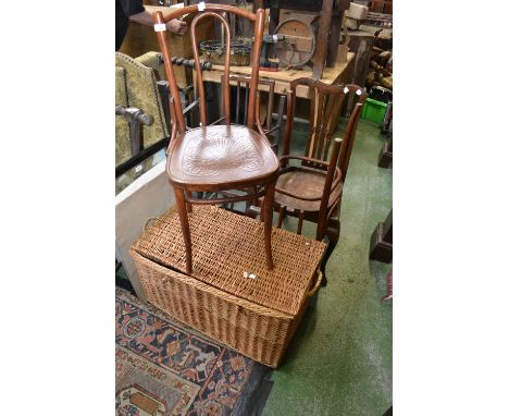 A large wicker hamper;two bent wood chairs; two bedroom chairs with wickerwork seats; a mahogany dining chair. (6)