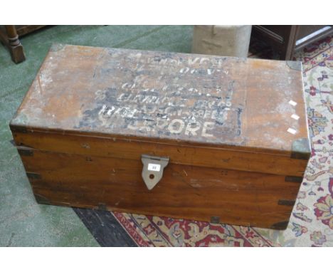 A camphor wood metal bound trunk, various over painted addresses  for M van de Ven including Singapore.   Condition Report:  