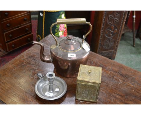 A Victorian copper kettle; a brass tea caddy; a pewter chamberstick (3)