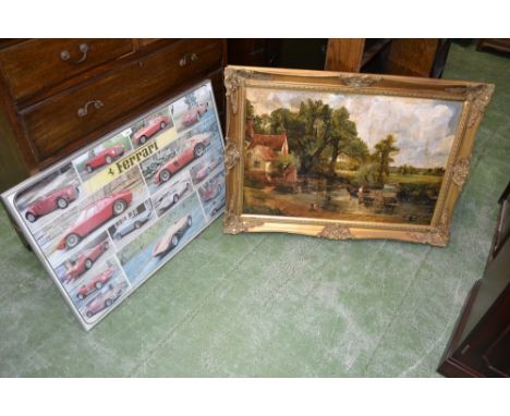 A framed poster of various Ferraris dated 1975; after John Constable, The Haywain (2)