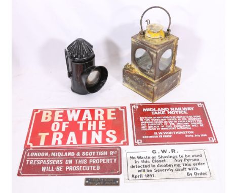Lamp Manufacturing and Railway Supplies limited LNER Welch patent lantern, a "bulls eye" lantern and four reproduction plaque