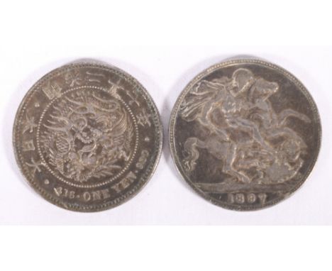 JAPAN silver 1 yen year 14 1881? if so lower vintage at less than 3 million, also UNITED KINGDOM Victoria (1837-1901) silver 