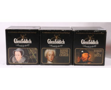 Three bottles of GLENFIDDICH single malt scotch whisky bottled in stoneware flagons under the Scotsman's Royal Heritage range