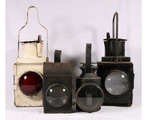 Railway interest, two large British Railways BR lanterns, a London Midland and Scottish LMS railway lamp and another, the lar
