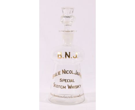 Whisky advertising interest, glass decanter of thistle form bearing gilded text "BNJ Baile Nicol Jarvie Special Scotch whisky