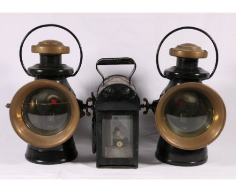 Pair of Lucas King of the Road car lamps No 742 and a London, Midland and Scottish LMS railway lantern. (3)   CONDITION REPOR