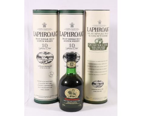 LAPHROAIG 10 year old Islay single malt scotch whisky 70cl 40% vol. two bottles both with tubes, LAPHROAIG quarter cask 70cl 