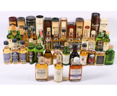 A collection of approx forty-two single malt scotch whisky miniatures to include GLENDRONACH 70° PROOF, BALMORAL 15 year old 