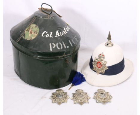 Grenada Police Force white cloth spiked helmet with ERI helmet plate, also ERVII, GRI and GRVI helmet plates, with metal hat 